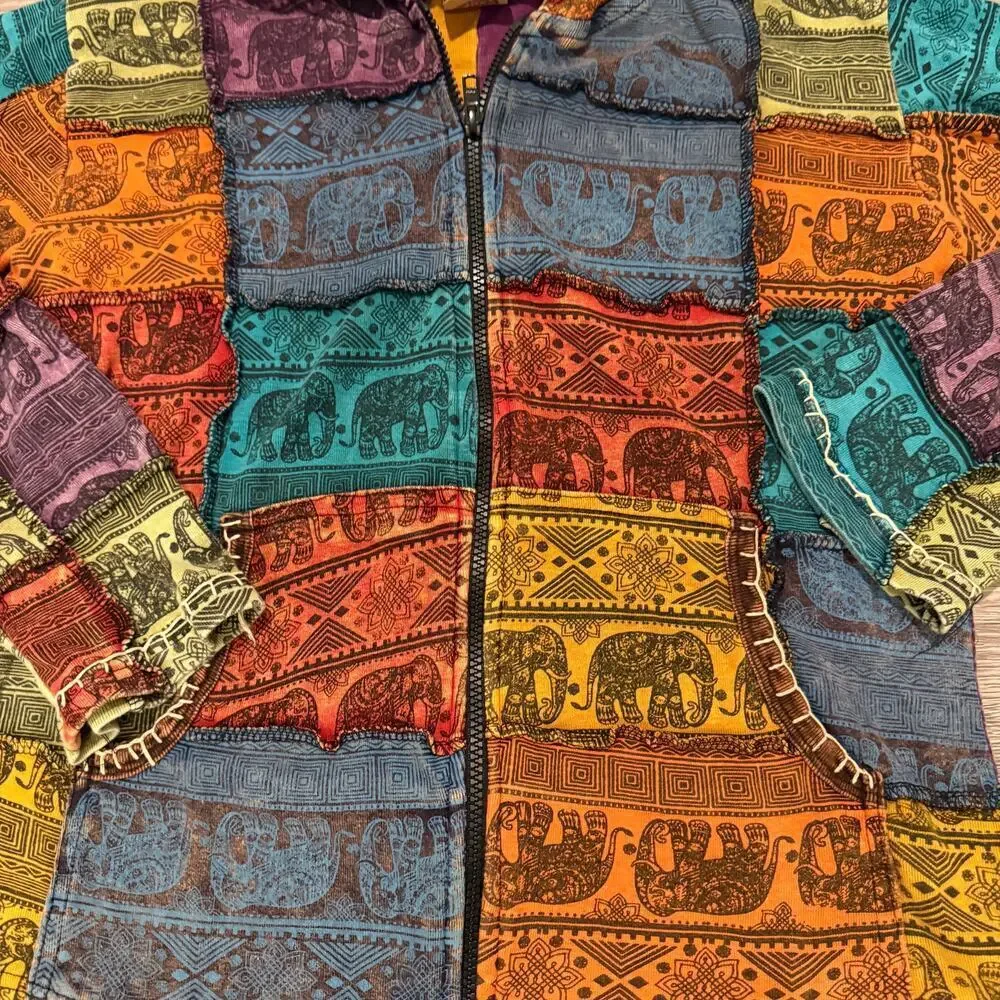 Karma Circle Patchwork Elephant Zip Hoodie Boho Hippie Festival Jacket Small